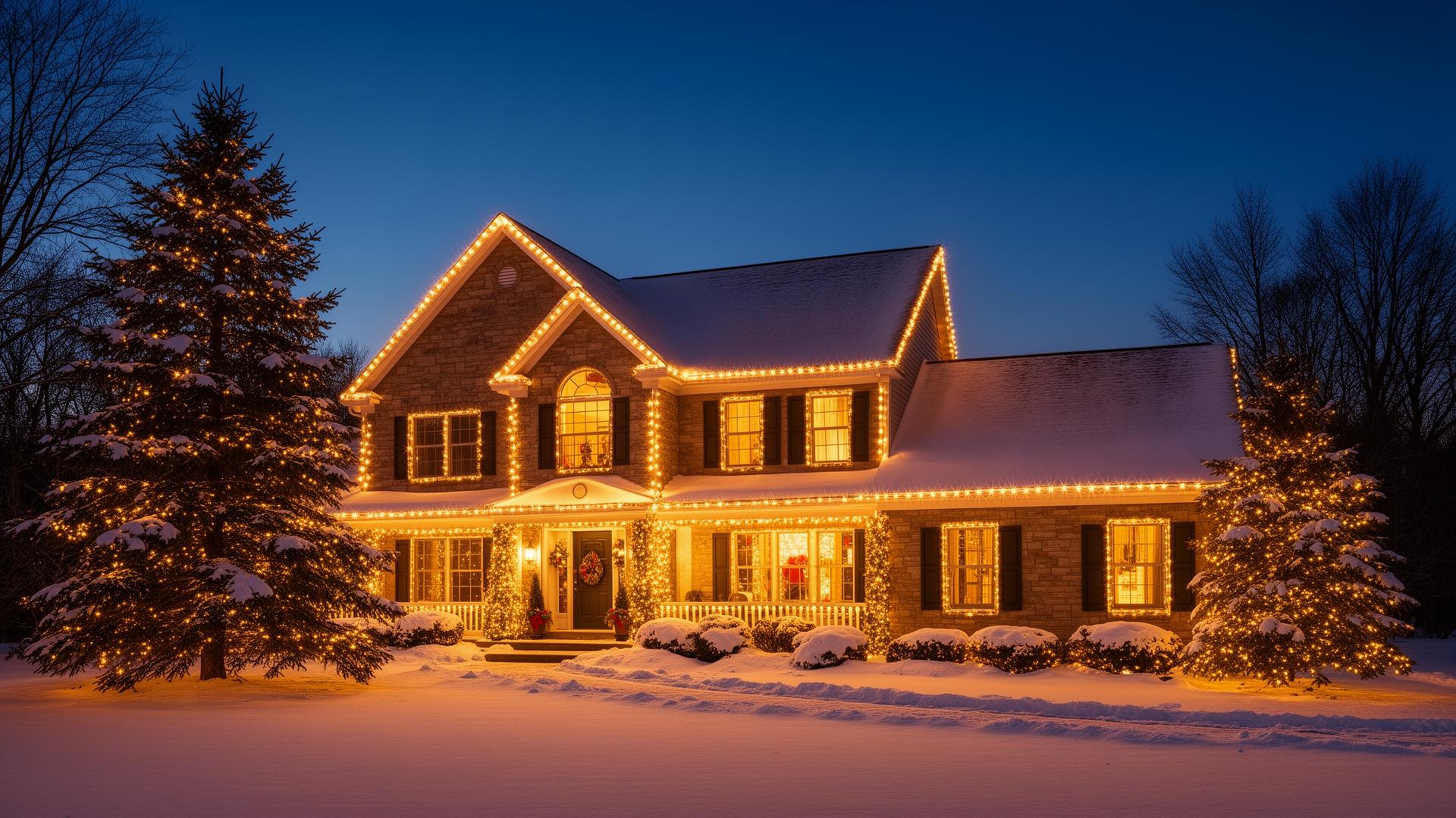 Residential holiday lighting — whole-home warm white roofline installation