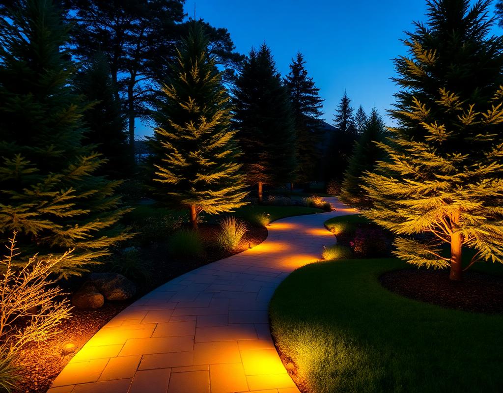Landscape lighting installation — garden path and accent LED lights